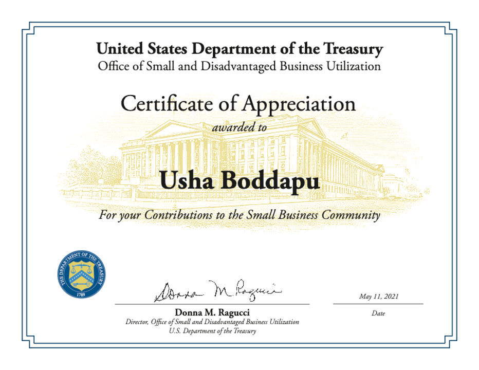 Certificate of Appreciation towards Small Business Community Education